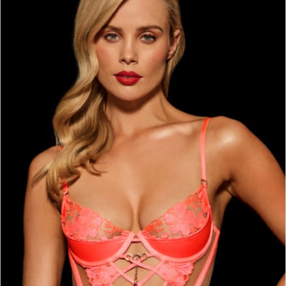 Honey Birdette Rue Neon pink Coral Embroidered Bustier UK 36G US 36H